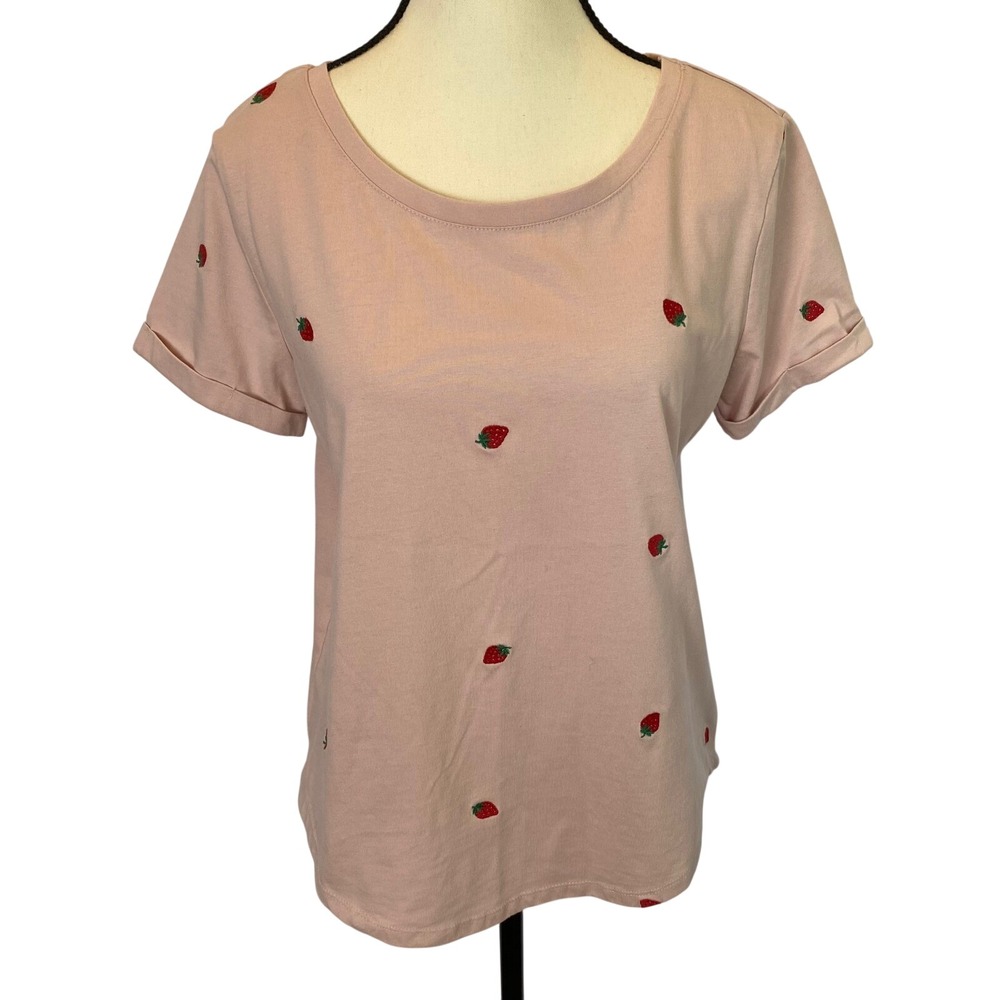 Vintage America Strawberry T-Shirt Women Small Pink Embroidered Pastel Crew Tee‎